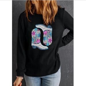 Boutique Sequin Cowboy Boot Black Long Sleeve Knit Top Size M